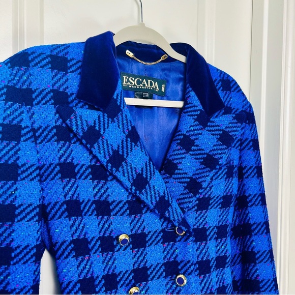VTG Escada by Margaretha Ley Blue Checked Flecked Wool Double Breasted Blazer 10 - Picture 6 of 14